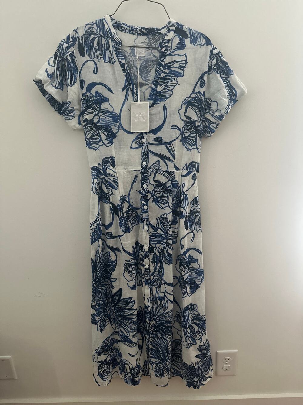 120% Lino Floral Linen Dress Women XXS/38 Blue White Short Sleeve Button Front